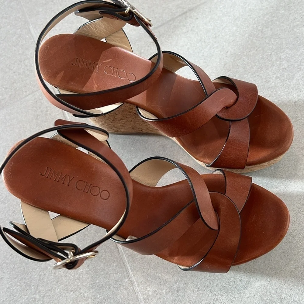 JIMMY CHOO ALEILI CORK PLATFORM WEDGE SANDALS BROWN LEATHER! New!